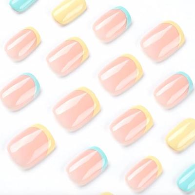 F - 24Pcs Press on Nails Short French Square Simple Nude Green Yellow Design Acrylic Full Cover Thick Glossy Fake False Nails Glue on...