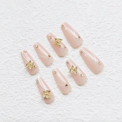 D - 24Pcs Press on Nails Rhinestones Fake Nails Butterfly False Nails Nude Artificial Nails Coffin Acrylic Nails Medium Long Artificial...