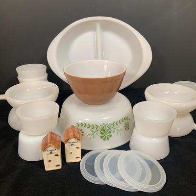 LOT 28: Collection of Vintage Bakeware Including Small Pyrex Bowl, Glassbake Baking Dishes with Lids Salt and Pepper Shakers and More