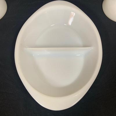 LOT 28: Collection of Vintage Bakeware Including Small Pyrex Bowl, Glassbake Baking Dishes with Lids Salt and Pepper Shakers and More