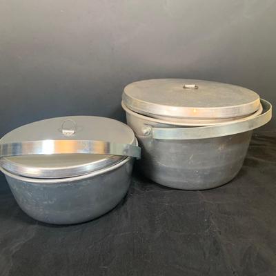 LOT 29: Vintage Camping Supplies Including Aluminum Cooker and Pots, Camping Seat, Canteen and More