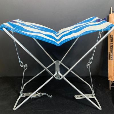 LOT 29: Vintage Camping Supplies Including Aluminum Cooker and Pots, Camping Seat, Canteen and More