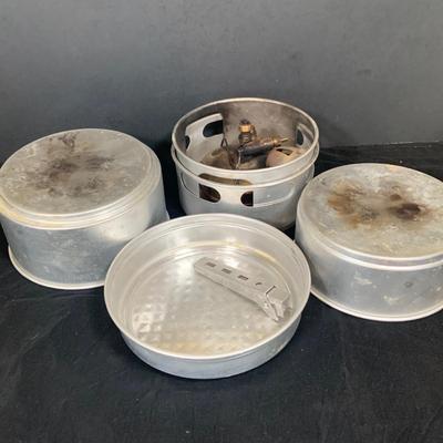 LOT 29: Vintage Camping Supplies Including Aluminum Cooker and Pots, Camping Seat, Canteen and More
