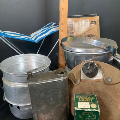 LOT 29: Vintage Camping Supplies Including Aluminum Cooker and Pots, Camping Seat, Canteen and More