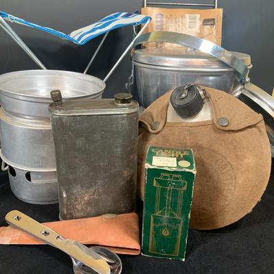 LOT 29: Vintage Camping Supplies Including Aluminum Cooker and Pots, Camping Seat, Canteen and More