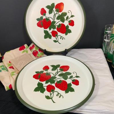 LOT 32: Vintage Kitchen Including Libby Tropical Tall Tom Collins Glasses, Strawberry Trays, Lemon Mugs, Wilpet Plastic Salt and Pepper...