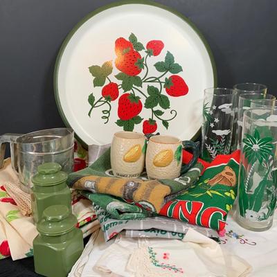 LOT 32: Vintage Kitchen Including Libby Tropical Tall Tom Collins Glasses, Strawberry Trays, Lemon Mugs, Wilpet Plastic Salt and Pepper...