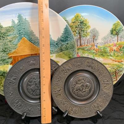 LOT 35: Set of Western Ceramic German Large Wall Plates and Set of Two (2) Nuremberg 17th Century Style Pewter Dis
