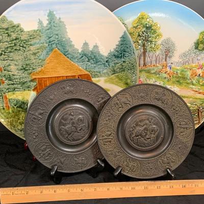 LOT 35: Set of Western Ceramic German Large Wall Plates and Set of Two (2) Nuremberg 17th Century Style Pewter Dis