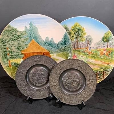 LOT 35: Set of Western Ceramic German Large Wall Plates and Set of Two (2) Nuremberg 17th Century Style Pewter Dis