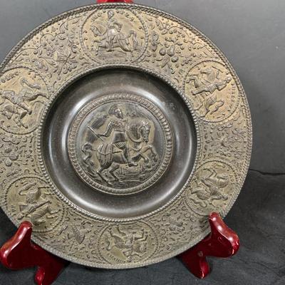 LOT 35: Set of Western Ceramic German Large Wall Plates and Set of Two (2) Nuremberg 17th Century Style Pewter Dis