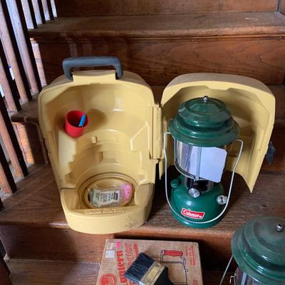 LOT 37: Set of 2 Colman Lanterns One with the Original Box and the Other in a Hard Plastic Caring Case and Frabill’s Lantern Shields In...