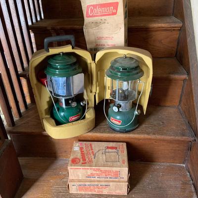 LOT 37: Set of 2 Colman Lanterns One with the Original Box and the Other in a Hard Plastic Caring Case and Frabill’s Lantern Shields In...