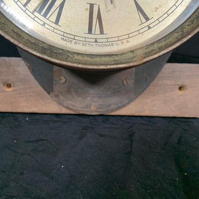 LOT 42: Vintage Seth Thomas Maritime Metal Ships Clock Mounted on Wood Base