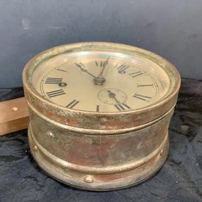 LOT 42: Vintage Seth Thomas Maritime Metal Ships Clock Mounted on Wood Base