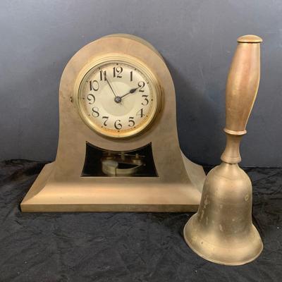 LOT 49: Vintage Brass Mantle Clock and Brass Bell