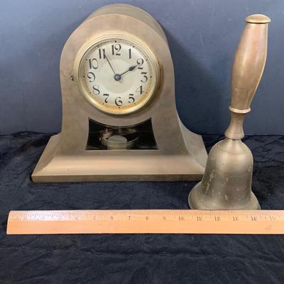 LOT 49: Vintage Brass Mantle Clock and Brass Bell