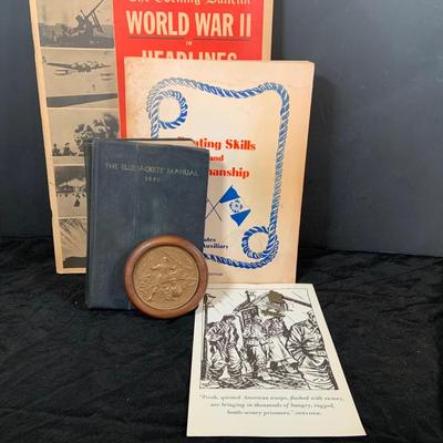 LOT 52 Military Collection Including WWIi Headlines Book,Coast Gaurd Boating Skills Book, 1940 Navy BlueJacket Manual, Metal and More