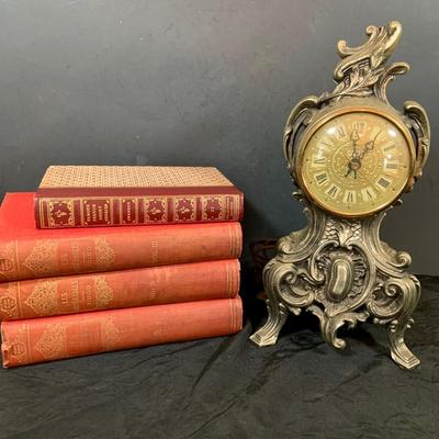 LOT 53: Vintage French Louis VXI Mantle Clock and Victor Hugo’s Les Miserables Three Volumes and Famous French Short Stories