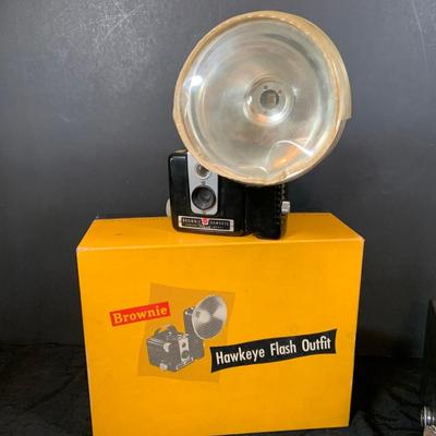 LOT 54: Vintage Camera Collection Including Brownie Hawkeye with Flash, Brownie Box Camera and Kodak Petite Folding Cameria