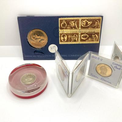 LOT 60: American Revolution Bicentennial Commemorative Medal, Four 2008-S Proof Presidential $1 Dollar Coins and 1979 Quarter Paper Weight