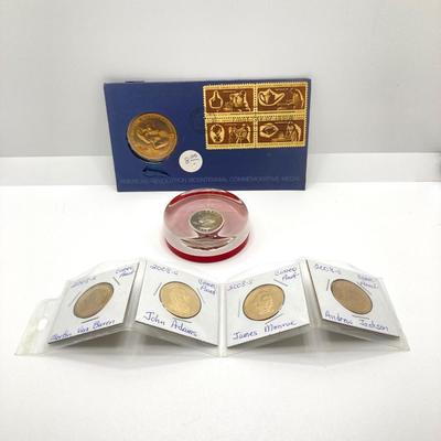 LOT 60: American Revolution Bicentennial Commemorative Medal, Four 2008-S Proof Presidential $1 Dollar Coins and 1979 Quarter Paper Weight