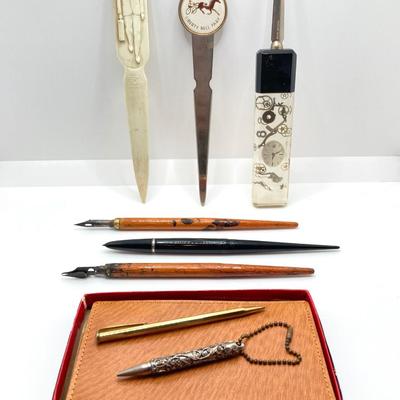 LOT 65: Vintage Parker / Resterbrook Fountain Pens, Letter Openers and Amico Genuine Pigskin Pocket Secretary and More