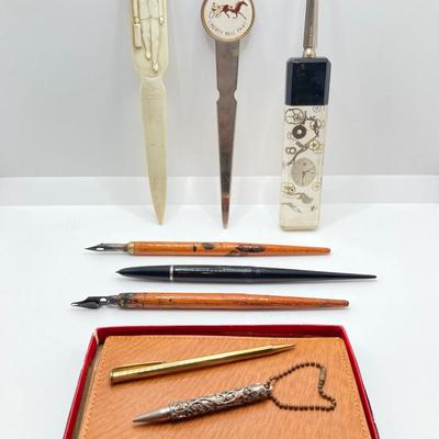 LOT 65: Vintage Parker / Resterbrook Fountain Pens, Letter Openers and Amico Genuine Pigskin Pocket Secretary and More