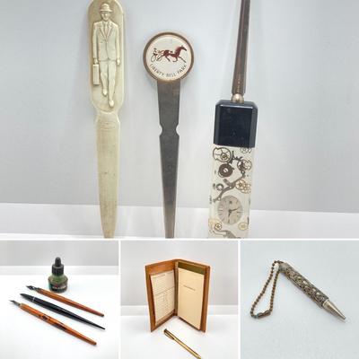 LOT 65: Vintage Parker / Resterbrook Fountain Pens, Letter Openers and Amico Genuine Pigskin Pocket Secretary and More