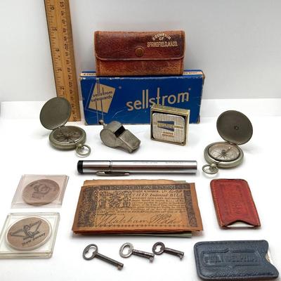 LOT 67: Vintage / Antique Collection - Compasses, Keys, Safety Goggles, Penscope, Charge Plates and More