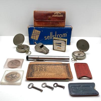 LOT 67: Vintage / Antique Collection - Compasses, Keys, Safety Goggles, Penscope, Charge Plates and More