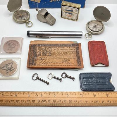 LOT 67: Vintage / Antique Collection - Compasses, Keys, Safety Goggles, Penscope, Charge Plates and More