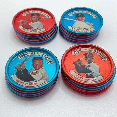LOT 71: Vintage Metal 1964 Baseball All Stars Bottle Caps - Mickey Mantle, Hank Aaron and More