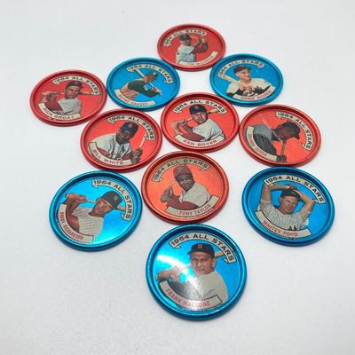 LOT 71: Vintage Metal 1964 Baseball All Stars Bottle Caps - Mickey Mantle, Hank Aaron and More