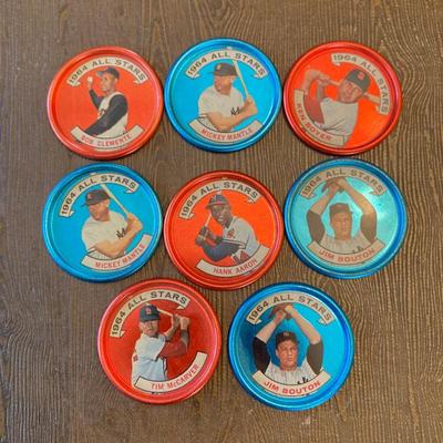 LOT 73: Vintage Baseball Collection - 1964 Metal Baseball Bottle Tops (Willie Mays, Hank Aaron, Mickey Mantle), Books, Stationary,...