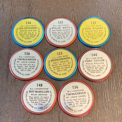 LOT 73: Vintage Baseball Collection - 1964 Metal Baseball Bottle Tops (Willie Mays, Hank Aaron, Mickey Mantle), Books, Stationary,...
