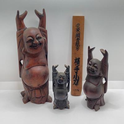 LOT 77: Three Carved Wooden Buddah Figurines and Asian Carving Knife