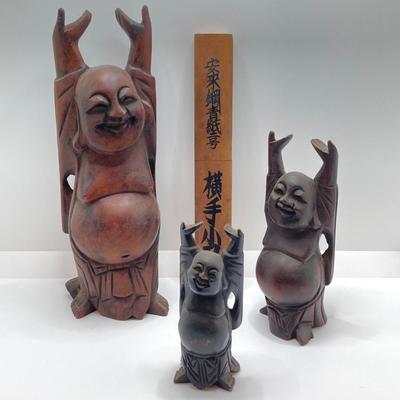 LOT 77: Three Carved Wooden Buddah Figurines and Asian Carving Knife