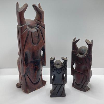 LOT 77: Three Carved Wooden Buddah Figurines and Asian Carving Knife