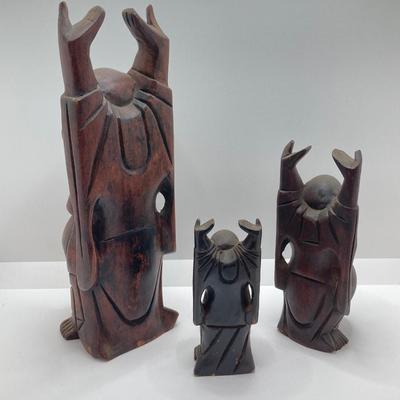 LOT 77: Three Carved Wooden Buddah Figurines and Asian Carving Knife