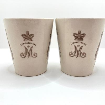 LOT 78: Pair of Antique 1911 Coronation Cups Featuring King George V and Queen Mary by Royal Doulton and Brass Prince Albert Brass Holder