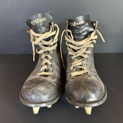 LOT 91: Game Day Ready: Vintage Geo. A. Reach Co. Football Helmet, Wilson Cleats, Referee Hat, Whistle and Flags