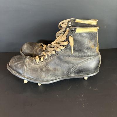 LOT 91: Game Day Ready: Vintage Geo. A. Reach Co. Football Helmet, Wilson Cleats, Referee Hat, Whistle and Flags