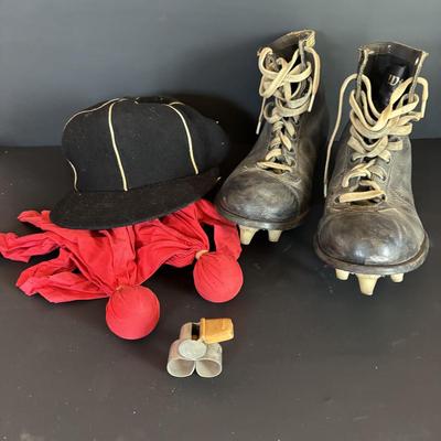 LOT 91: Game Day Ready: Vintage Geo. A. Reach Co. Football Helmet, Wilson Cleats, Referee Hat, Whistle and Flags