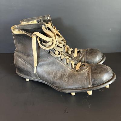 LOT 91: Game Day Ready: Vintage Geo. A. Reach Co. Football Helmet, Wilson Cleats, Referee Hat, Whistle and Flags