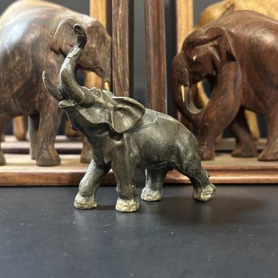LOT 93: Wooden Carved Elephant Books Ends & Metal Elephant Figure