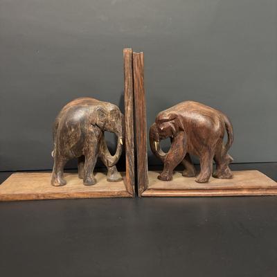 LOT 93: Wooden Carved Elephant Books Ends & Metal Elephant Figure