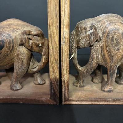 LOT 93: Wooden Carved Elephant Books Ends & Metal Elephant Figure