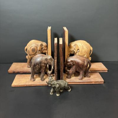 LOT 93: Wooden Carved Elephant Books Ends & Metal Elephant Figure
