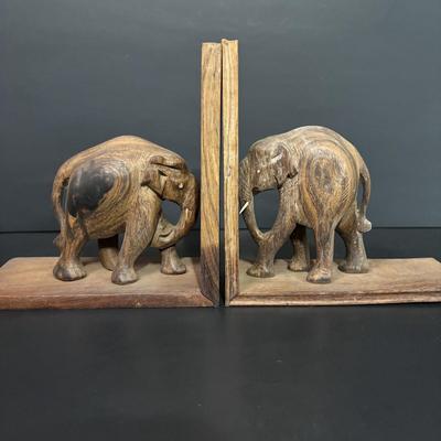 LOT 93: Wooden Carved Elephant Books Ends & Metal Elephant Figure